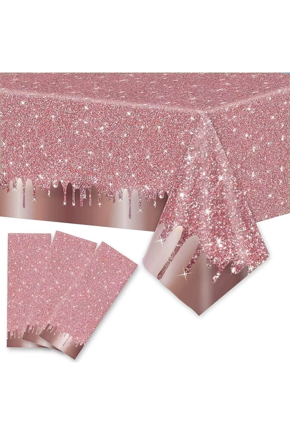 3 Pack Rose Gold Tablecloths, Sequin Printed Glitter Diamond Plastic Table Cover for Wedding Birthday Anniversary Decorations