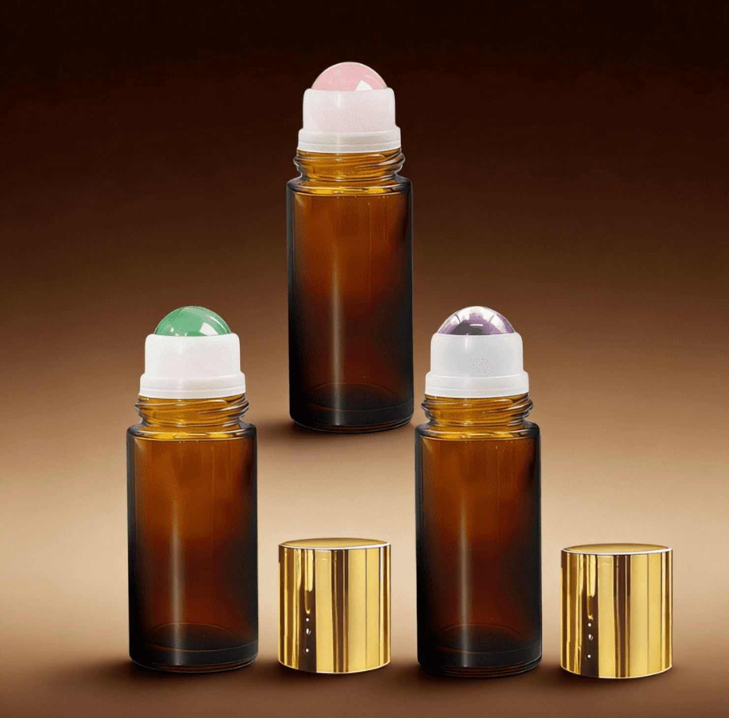 3 Pack Rose Quartz, Amethyst & Green Aventurine Roller Bottles for Essential Oils, 50ml Amber Glass Roll On, Leak-Proof Travel Perfume Bottle with Gold Caps