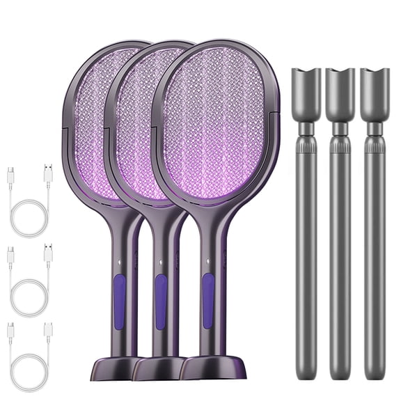 3 Pack Rotating Head Electric Fly Swatter, Bug Zapper with Telescopic Extension, 3-in-1 Rechargeable Mosquito Racket for Handheld/Standing/Wall Mount Use - Indoor Outdoor