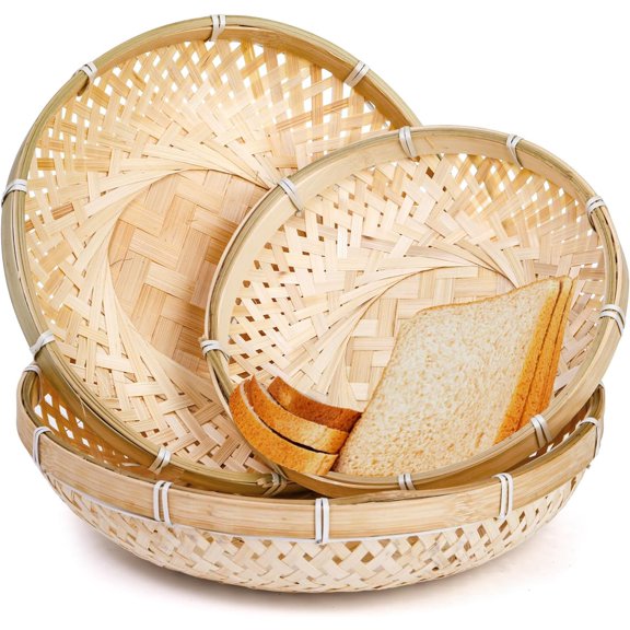 3 Pack Round Bamboo Serving Trays, Decorative Wicker Basket Tray for Food, Natural Woven Shallow Tray for Fruit, Vegetables, Bread