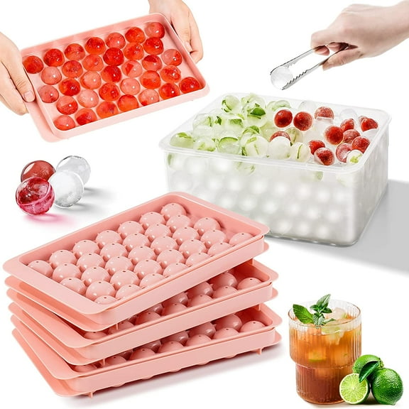 3 Pack Round Ice Cube Tray, Ball Maker Mold for Freezer with Container, Sphere Tray Making 99pcs Circle Chilling Cocktail Whiskey Tea Coffee (Pink)