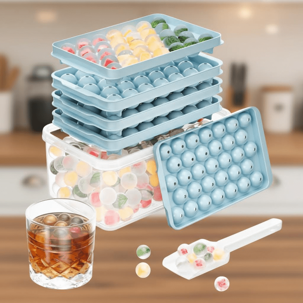3 Pack Round Ice Cube Trays with Lid and Storage Bin, 99 Piece Reusable Silicone Mold for Perfect 0.8 Inch Circle Ice, Ideal for Chilling Cocktails and Beverages, Easy Release, BPA Free, Blue