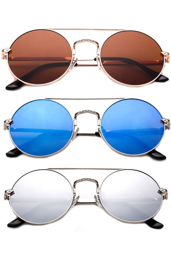 3 Pack Round Metal Frame Circle Rim Dual Bridges Fashion Sunglasses for Women for Men, Gunmetal, Brown & Blue