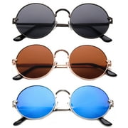 3 Pack Round Metal Frame Circle Rim Fashion Sunglasses for Women for Men, Gunmetal, Brown & Blue