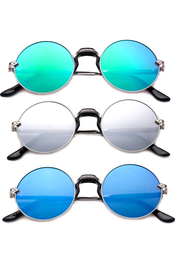 3 Pack Round Metal Frame Comfort Plastic Nose Bridge Fashion Sunglasses for Women for Men, Green, Blue & Mirror