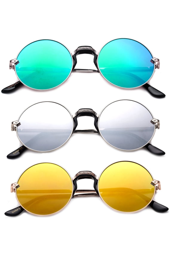 3 Pack Round Metal Frame Comfort Plastic Nose Bridge Fashion Sunglasses for Women for Men, Green, Yellow & Mirror