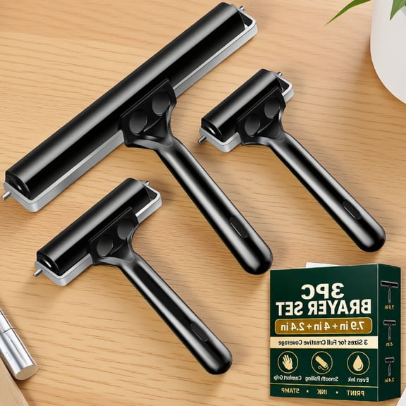 3 Pack Rubber Brayer Rollers, Hard Rubber Printmaking Roller for Ink, Glue, Stamping, Wallpaper and Flooring, Black, 2.4 In 4 In 7.9 In