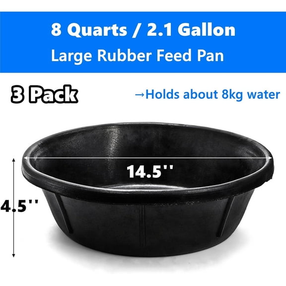 3 Pack Rubber Feed Pan, 8 Quart Large Feed Bucket, Heavy Duty Rubber Water Bowl for Livestock, Stackable Chicken Dust Bath Tub for Pig Goat Dog Farm Animal Feeding, 14.5'' x 4.5''