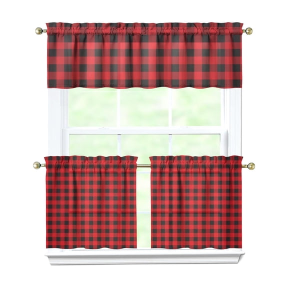 3 Pack Rustic Farmhouse Plaid Kitchen Curtains - Checkered Valance + Tier Panels, Classic Red and Black Buffalo Plaid Window Treatment for Small Windows