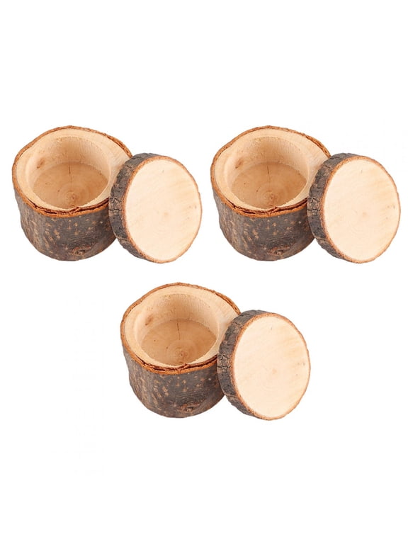 3-Pack Rustic Wooden Ring Box Set for Wedding Ceremony Engagement Proposal and Ring Bearer, Round Natural Wood Jewelry Keeper Keepsake Holder, 2.2x1.6 in / 5.5x4.0 cm