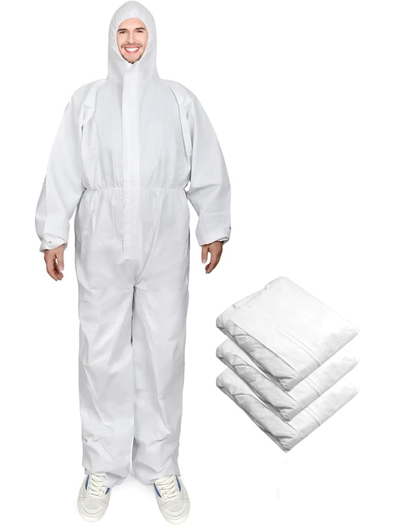 `3 Pack SMS Disposable Coveralls with Hood, Elastic Waist & Cuffs, Dust Proof Protective Suits for Painting, Cleaning, Farming`