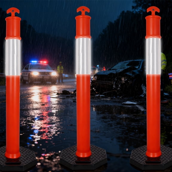 3 Pack Safety Cones with Heavy Duty Rubber Base, 45" Traffic Delineator Posts and Reflective Collars UV Resistant and Easy to Stack for Work Zones, Parking Garages