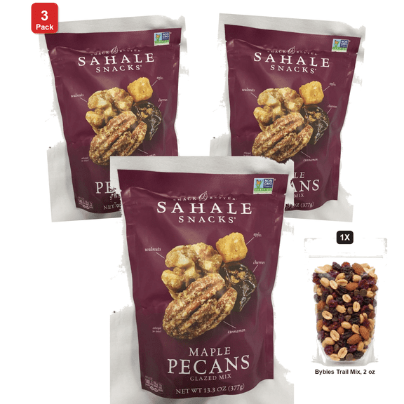 3 Pack | Sahale Snacks Maple Pecan Glazed Mix, 1 Bag, 13.3 oz, with Bybies Trail Mix, 2 oz