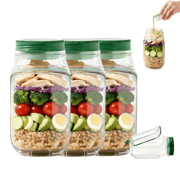 3-Pack Salad Container for Lunch, Side-Opening Meal Prep Jars with Dressing Cup & Bowl Lid, Leakproof Food Storage for Work & School, BPA Free
