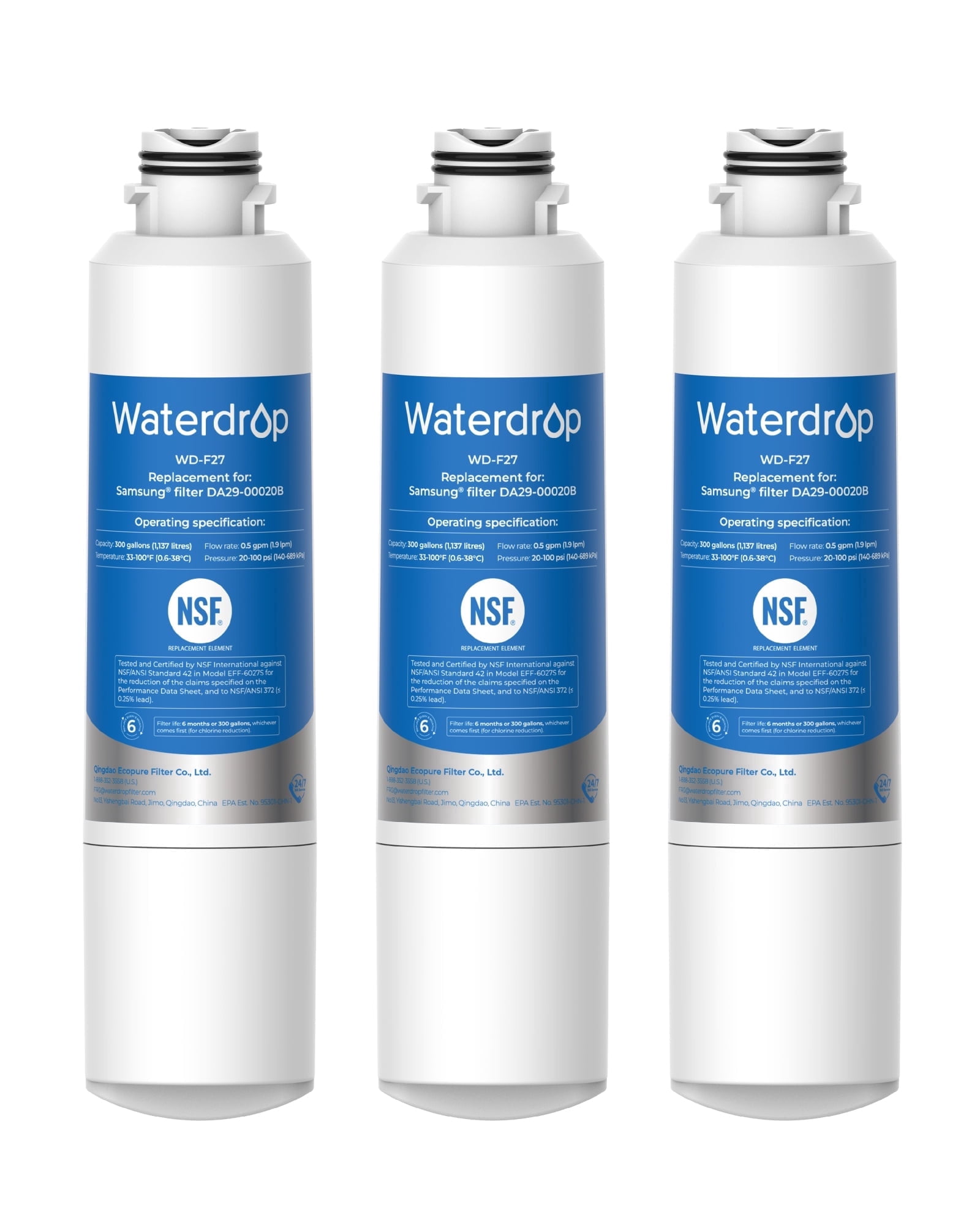 Waterdrop F27 Refrigerator Water Filter, Replacement for Samsung® DA29-00020B ,HAF-CIN/EXP, DA29-00020A/B, RF263BEAESR, RF28HMEDBSR, RF263TEAESG, RF4287HARS,3 Filter