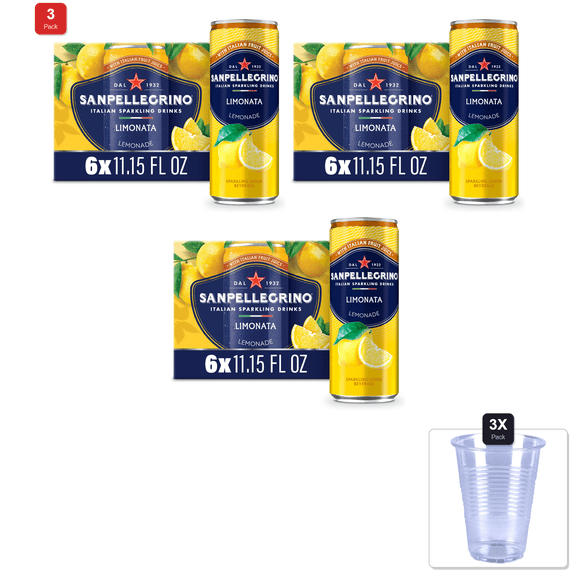 3 Pack | San Pellegrino Italian Sparkling Drink Limonata, Sparkling Lemon Beverage, 6 Pack Of Cans & 3x Disposable Cup
