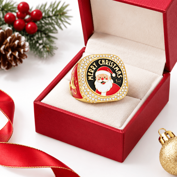 3-Pack Santa Claus Christmas Contest Trophy Ring Set with Display Cases and Stands