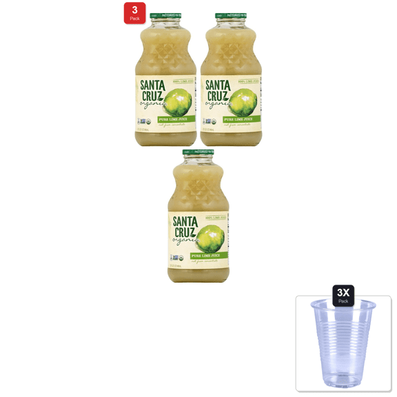3 Pack | Santa Cruz Organic Organic Pure Lime Juice, 32 Fz & 3x Disposable Cup