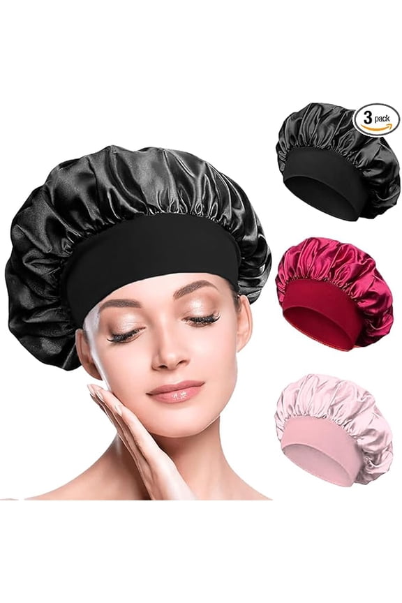 3 Pack Satin Bonnet, Hair Bonnet for Sleeping, Night Hair Sleeping Caps with Wide Elastic Band, Silk Bonnet is Suitable for Long and Curly Hair ( Red, Black,Pink)