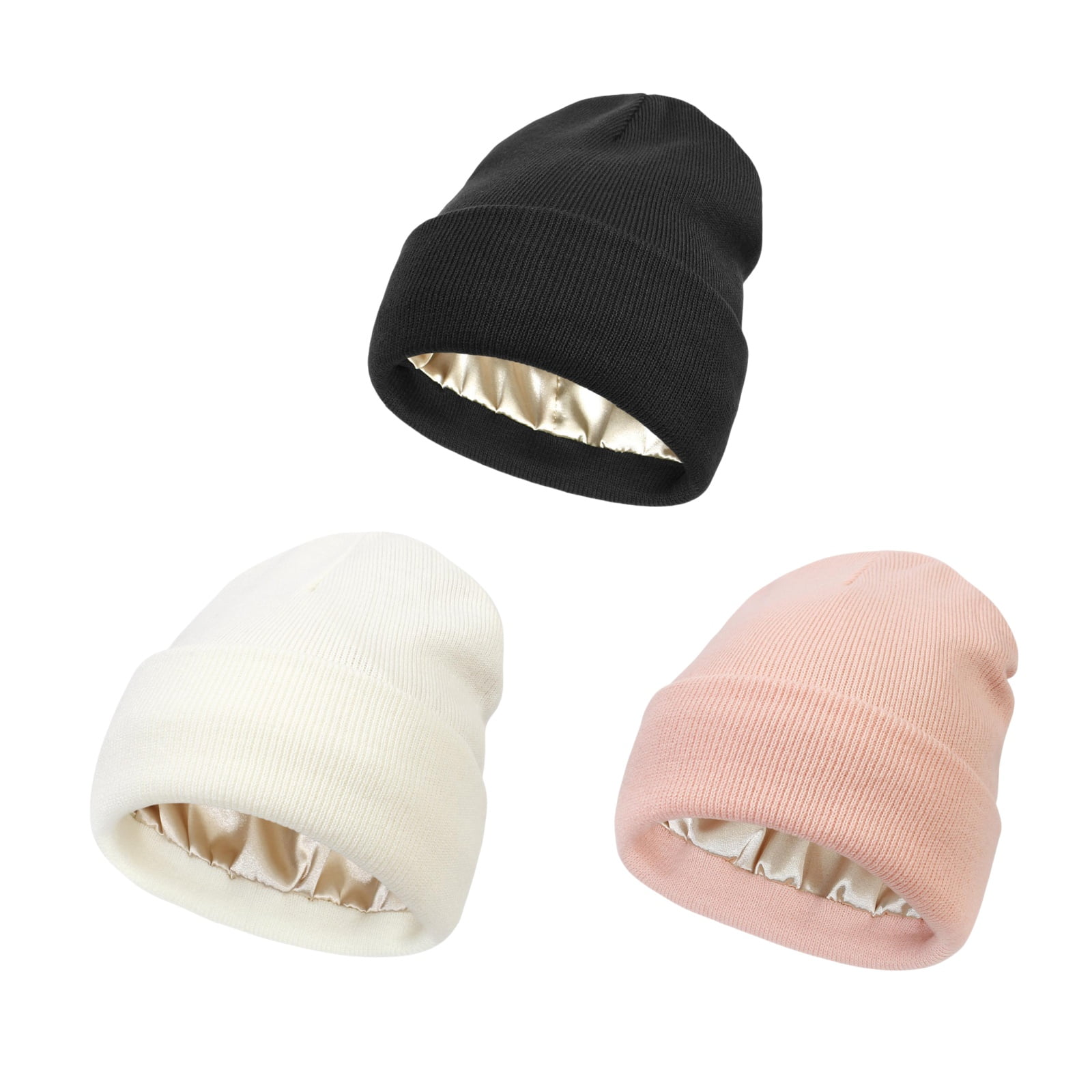 Satin Lined Winter Beanie Knit Soft Warm Cuffed Hat 3 Pack 3 Pack Satin Lined Winter Beanie Hats,Silk Lined Beanie Knit  main image 4
