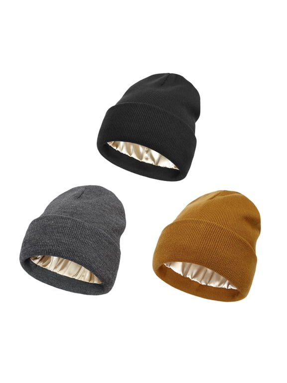 3 Pack Satin Lined Winter Beanie Hats,Silk Lined Beanie Knit Soft Warm Cuffed Hat for Women Men