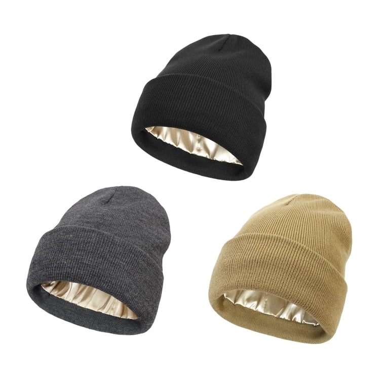 3 Pack Satin Lined Winter Beanie Hats,Silk Lined Beanie Knit  display picture 1