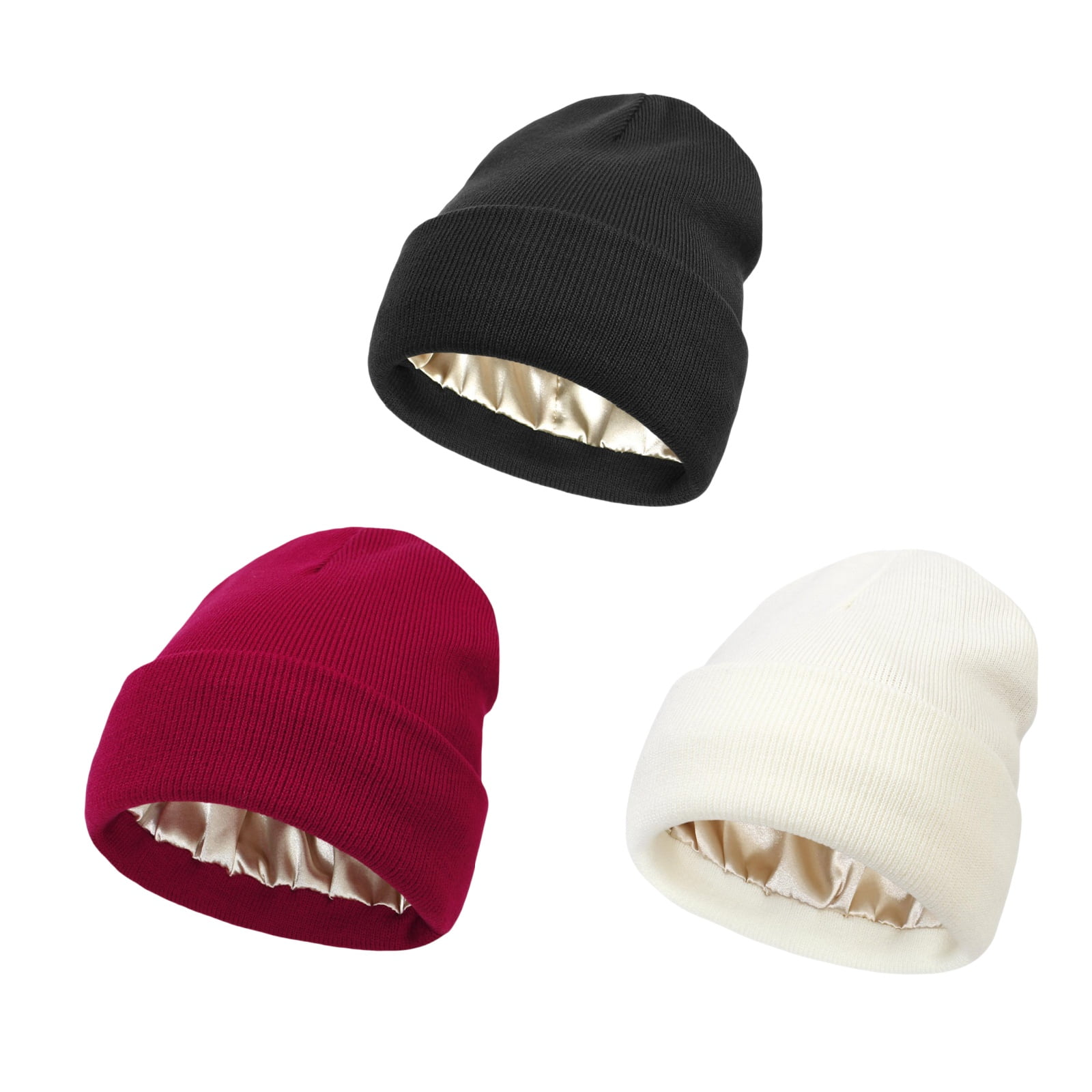3 Pack Satin Lined Winter Beanie Hats,Silk Lined Beanie Knit 