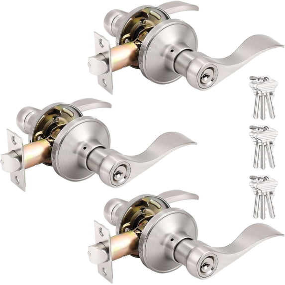 3 Pack Satin Nickel Keyed Alike Entry Levers, One Keyway Entrance Handles Entry Locksets with Same Keys, Reversible for Right Left Handed Doors