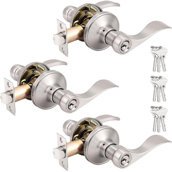 3 Pack Satin Nickel Keyed Alike Entry Levers, One Keyway Entrance Handles Entry Locksets with Same Keys, Reversible for Right Left Handed Doors