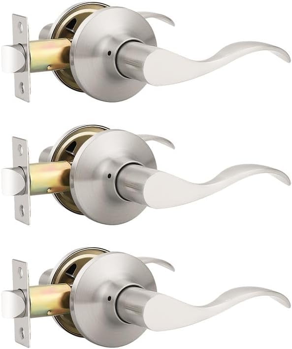 3 Pack Satin Nickel Modern Interior Passage Door Knobs, Keyless Door Handle for Hallway & Closet, Wave Style Non-Locking Door Lever Reversible for Left & Right Handed