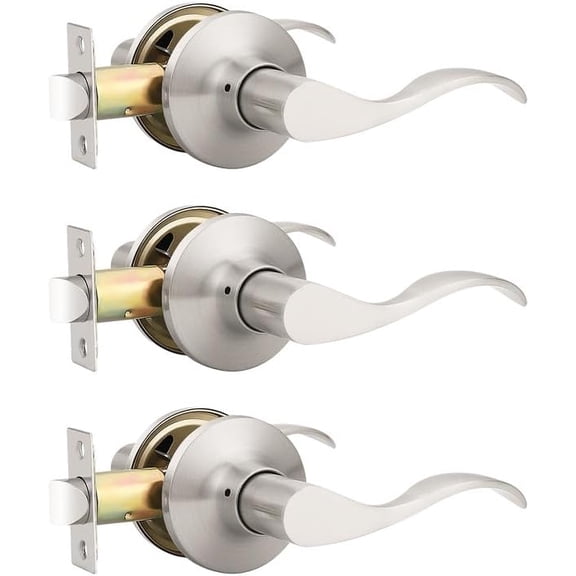 3 Pack Satin Nickel Modern Interior Passage Door Knobs, Keyless Door Handle for Hallway & Closet, Wave Style Non-Locking Door Lever Reversible for Left & Right Handed