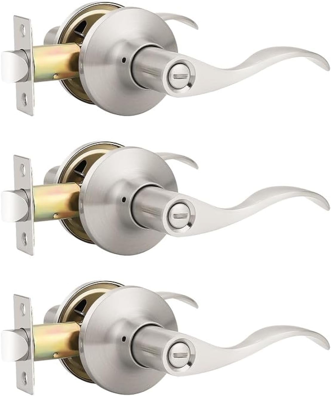 3 Pack Satin Nickel Privacy Door Lever, Modern Interior Door Knobs Locks for Bedroom and Bathroom, Heavy Duty Door Handle, Reversible Wave Lever Handle