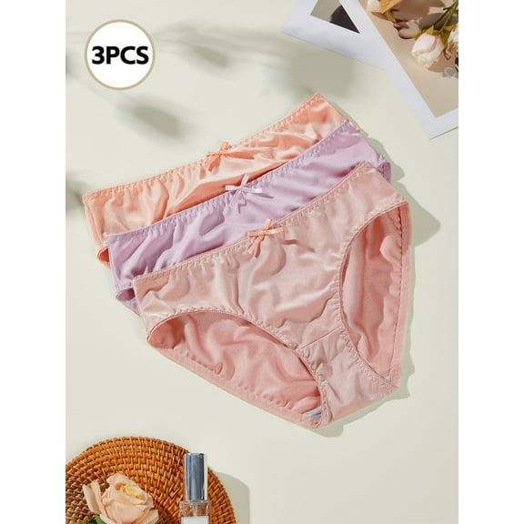 3 Pack Satin Solid Panties, Comfy Breathable Stretchy Sexy Intimates Briefs, Women's Mid Rise Triangle Satin Underwear with Bow