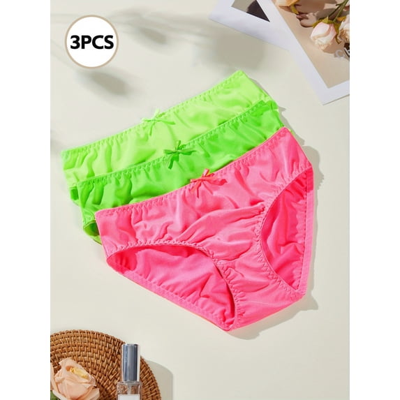 3 Pack Satin Solid Panties, Comfy Breathable Stretchy Sexy Intimates Briefs, Women's Mid Rise Triangle Satin Underwear with Bow