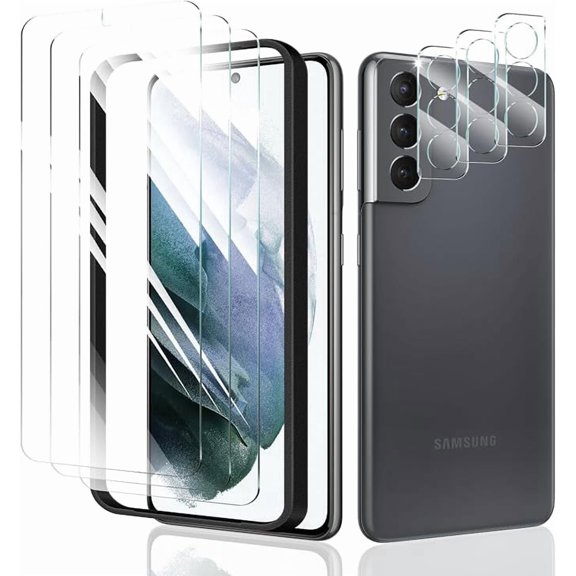 3 Pack Screen Protector and 3 Pack Camera Lens Protector for Samsung Galaxy S21 with a Installation Alignment Aid, Tempered Glass Film