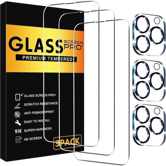 3 Pack Screen Protector for iPhone 15 Pro with 3 Pack Camera Lens Protector, 6.1 Inch HD Clear 9H Hardness Tempered Glass Film, Scratch Resistent, Easy Installation, Bubbles Free