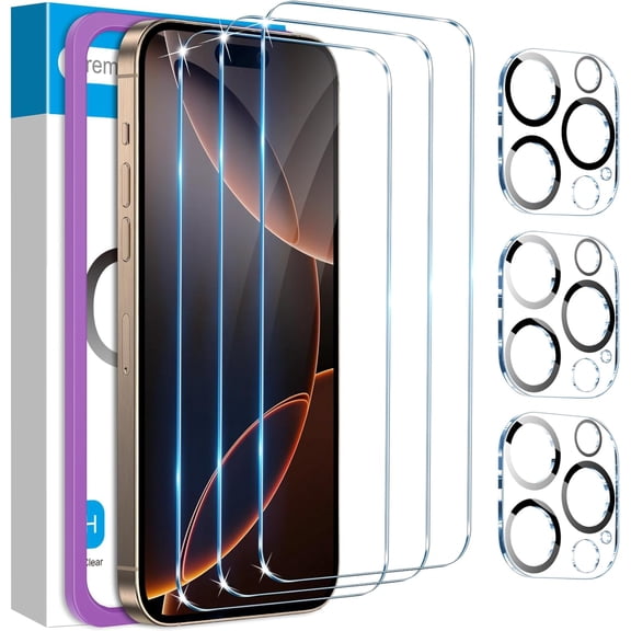 3 Pack Screen Protector for iPhone 16/iPhone 16 Plus/iPhone 16 Pro/iPhone 16 Pro Max(Optional) with Camera Lens, 9H+ Tempered Glass Easy Installation Kit