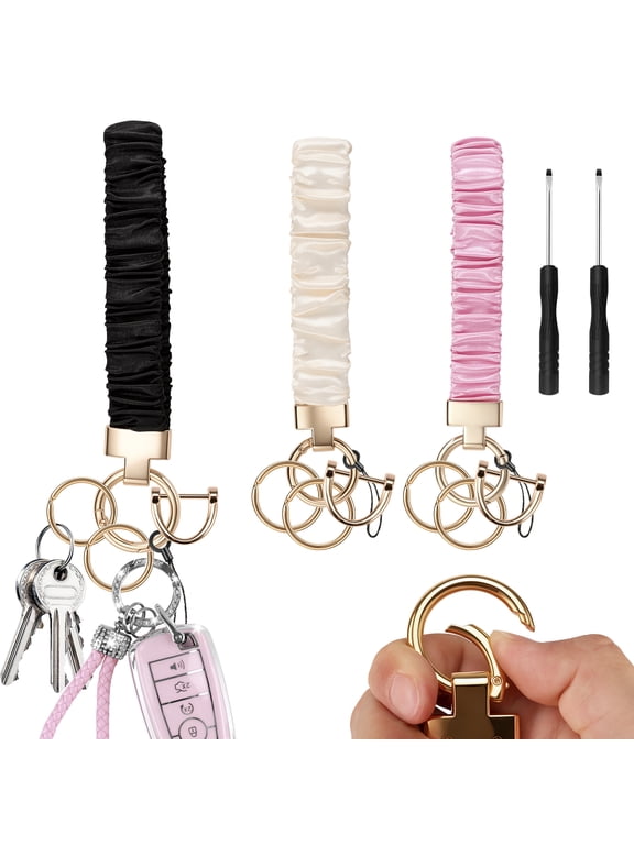 3 Pack Scrunchie Keychain Wristlet Stretchy Satin Car Key Holder with Phone Tether and Heavy Duty D Ring, Black/White/Pink