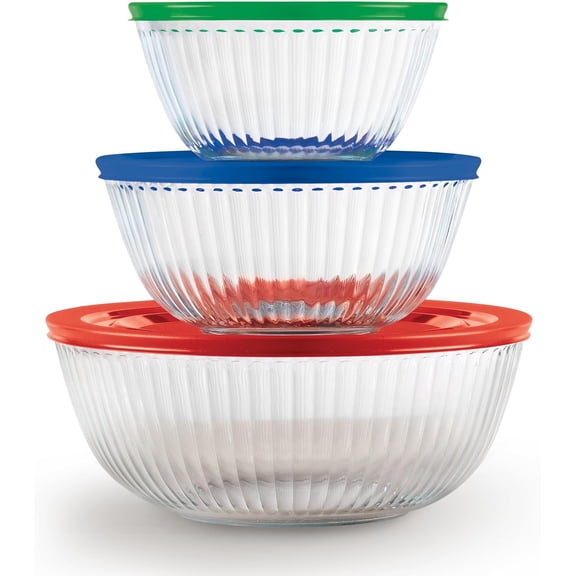 3 Pack Sculpted Glass Mixing Bowls with Plastic Lids, Clear Glass Nesting Bowl Set for Baking, Salad, Food Prep & Storage, Kitchen Mixing Bowl Set