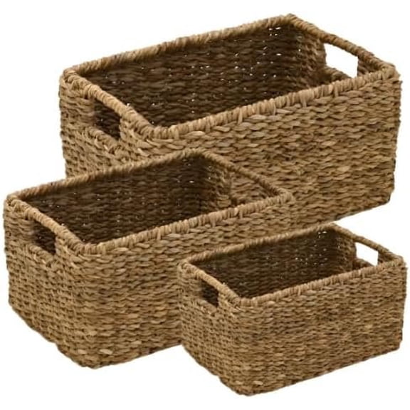 3 Pack Seagrass Woven Storage Baskets Woven Rectangular Organizer Set With Handles Decorative Wicker Bins For Shelves Bathroom Bedroom Living Room Decor Rustic Beige