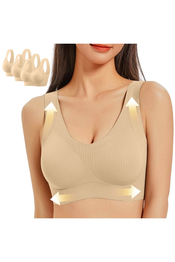 3 Pack Seamless Bras For Women No Underwire Wide Shoulder Strap Bralettes Plus Size Push Up Comfortable Everyday Bra (XXL, Beige*3)