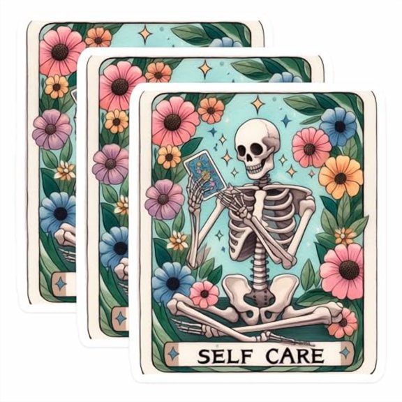 (3 Pack) Self Care Skeleton Decals - Tarot Card - Floral Bone Decals - 3 Inches On Longest Side - Easy Peel & Apply - Made in USA - 3MCS8208