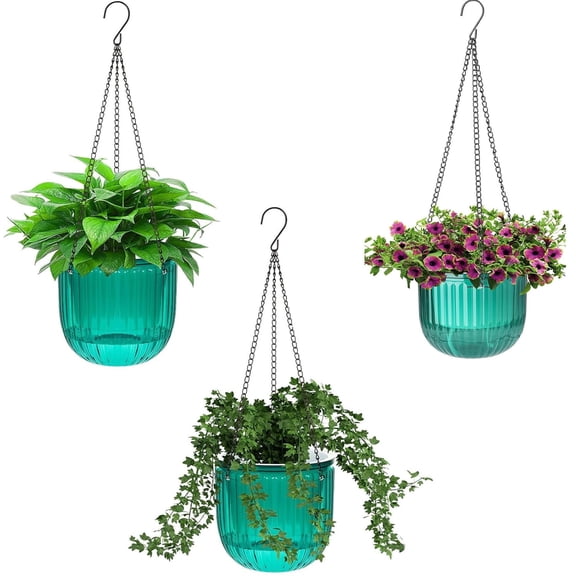 3 Pack Self Watering Hanging Flower Pots - Plastic Hanging Planters with Drainage Holes & Chains, Indoor Outdoor Hanging Baskets for Garden Balcony Plants