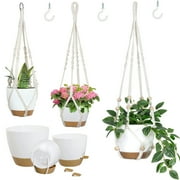 3-Pack Self Watering Hanging Plant Pots with Macrame Hangers, Plastic Planters with Drainage Holes and Saucers, Indoor Outdoor Flower Pots, Includes 3 Ceiling Hooks, 7"/6"/5.5" (White)