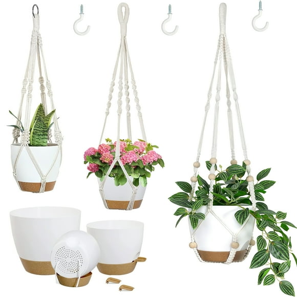 3-Pack Self Watering Hanging Plant Pots with Macrame Hangers, Plastic Planters with Drainage Holes and Saucers, Indoor Outdoor Flower Pots, Includes 3 Ceiling Hooks, 7"/6"/5.5" (White)