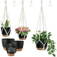 thumbnail image 1 of 3-Pack Self Watering Hanging Plant Pots with Macrame Hangers, Plastic Planters with Drainage Holes and Saucers, Indoor Outdoor Flower Pots, Includes 3 Ceiling Hooks, 7"/6"/5.5" (Black), 1 of 8