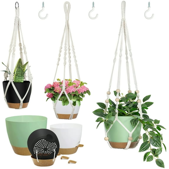 3-Pack Self Watering Hanging Plant Pots with Macrame Hangers, Plastic Planters with Drainage Holes and Saucers, Indoor Outdoor Flower Pots, Includes 3 Ceiling Hooks, 7"/6"/5.5" (Multicolor)