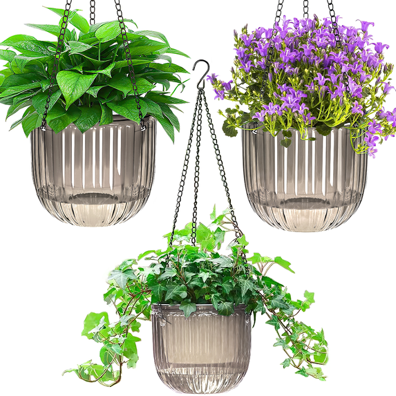 3 Pack Self-Watering Hanging Plant Pots, Plastic Planters with Drainage Holes, 2 x 6.5in & 1 x 4.5in, with 3 Hooks for Indoor & Outdoor Plants