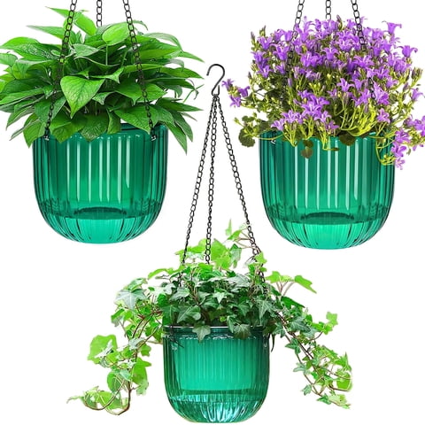 3 Pack Self-Watering Hanging Plant Pots, Plastic Planters with Drainage Holes, 2 x 6.5in & 1 x 4.5in, with 3 Hooks for Indoor & Outdoor Plants