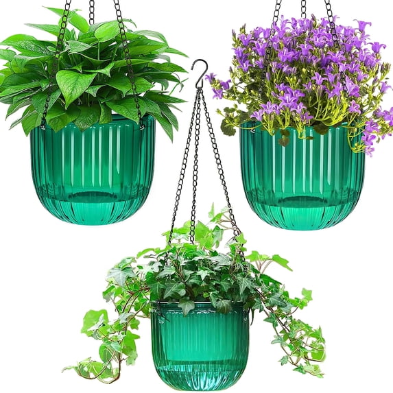 3 Pack Self-Watering Hanging Plant Pots, Plastic Planters with Drainage Holes, 2 x 6.5in & 1 x 4.5in, with 3 Hooks for Indoor & Outdoor Plants